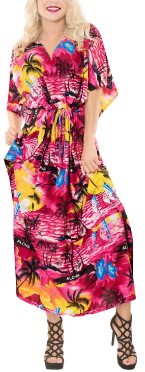 LA LEELA Lounge Likre Printed Long Caftan Tunic Dress Women Pink_666 OSFM 14-22W [L-3X]
