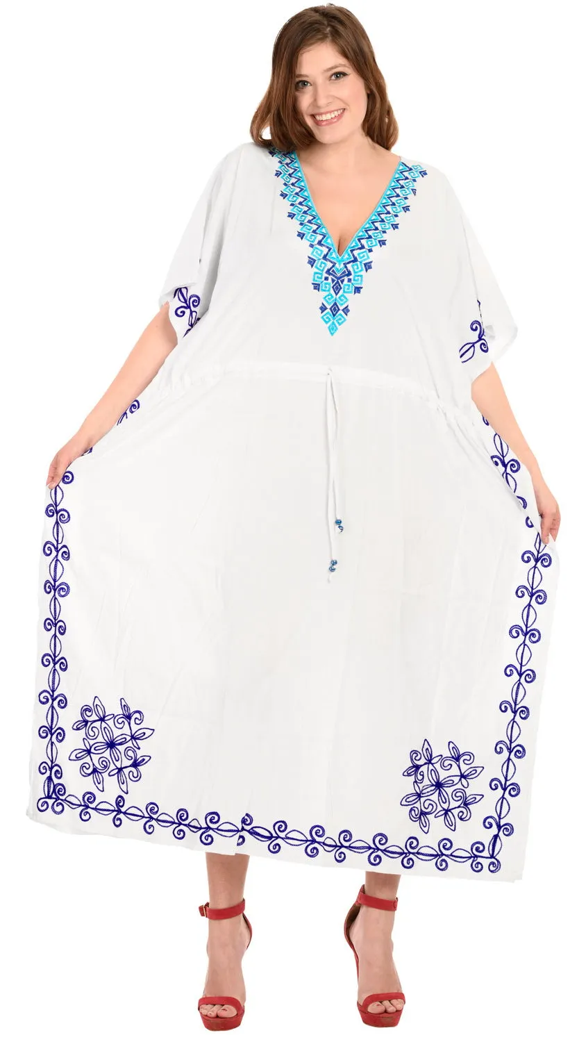 LA LEELA Lounge Rayon Solid Long Caftan Vacation Top Girls White_1008 OSFM 14-32W [L-5X]