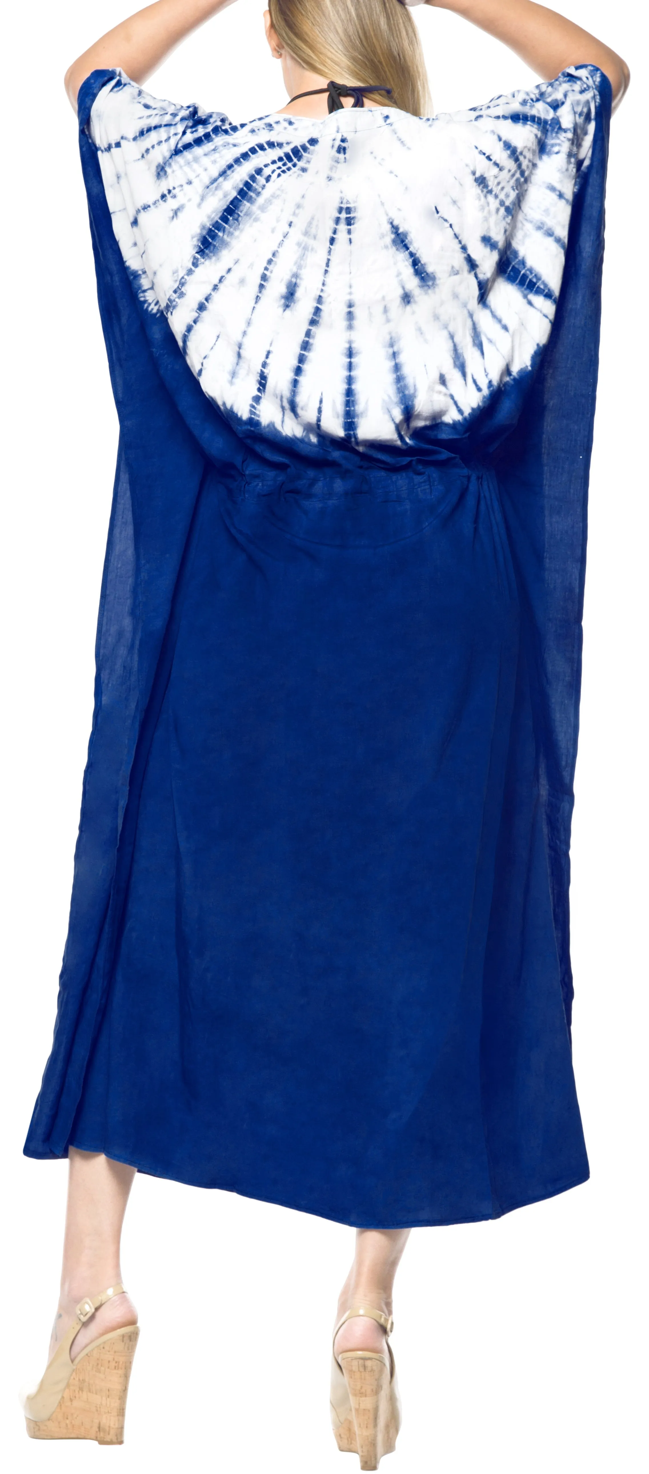 LA LEELA Lounge Rayon Tie_Dye Long Caftan Dress Girl Royal Blue_1401 OSFM 14-32W [L-5X]