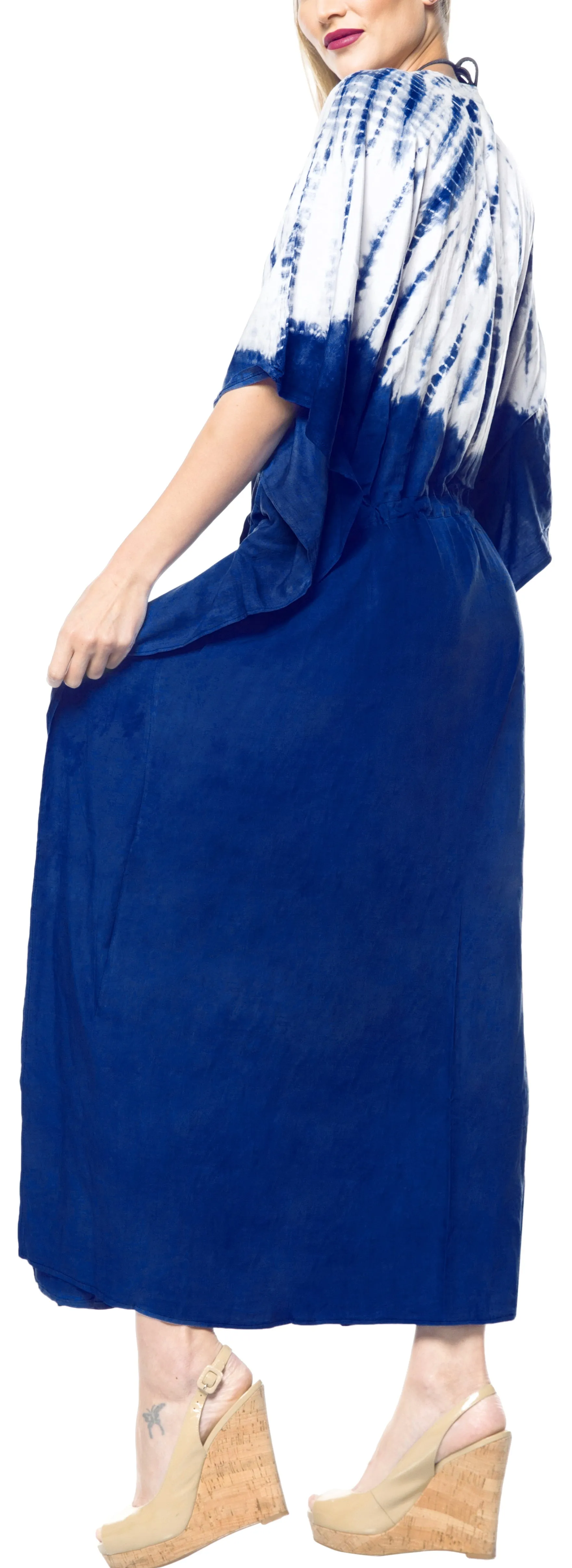 LA LEELA Lounge Rayon Tie_Dye Long Caftan Dress Girl Royal Blue_1401 OSFM 14-32W [L-5X]