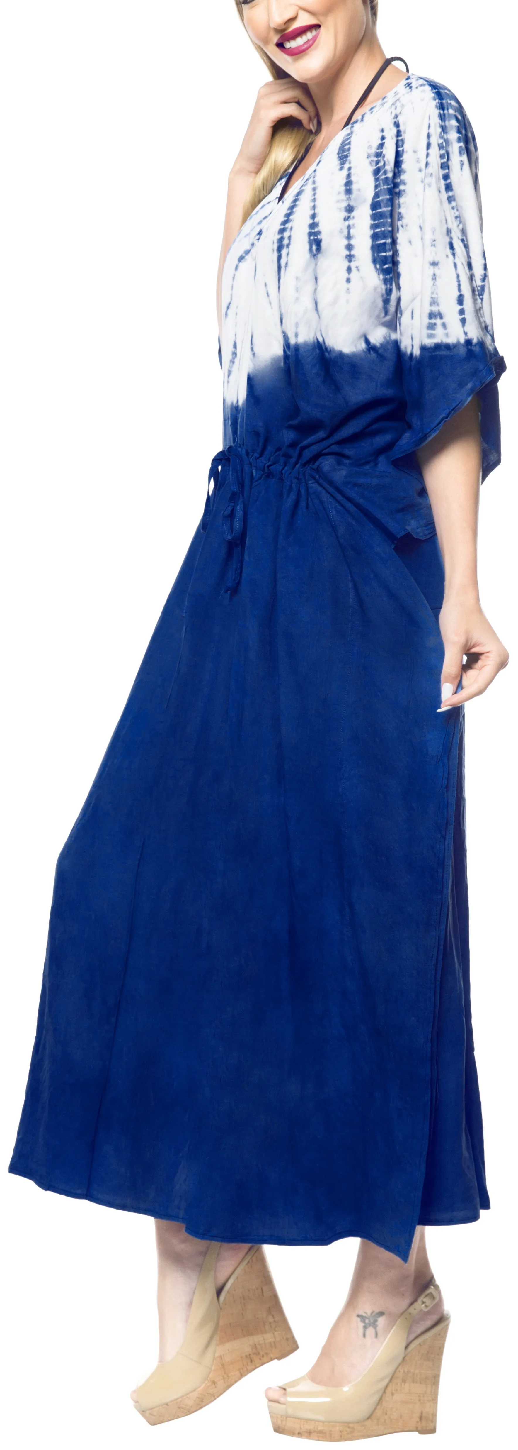 LA LEELA Lounge Rayon Tie_Dye Long Caftan Dress Girl Royal Blue_1401 OSFM 14-32W [L-5X]