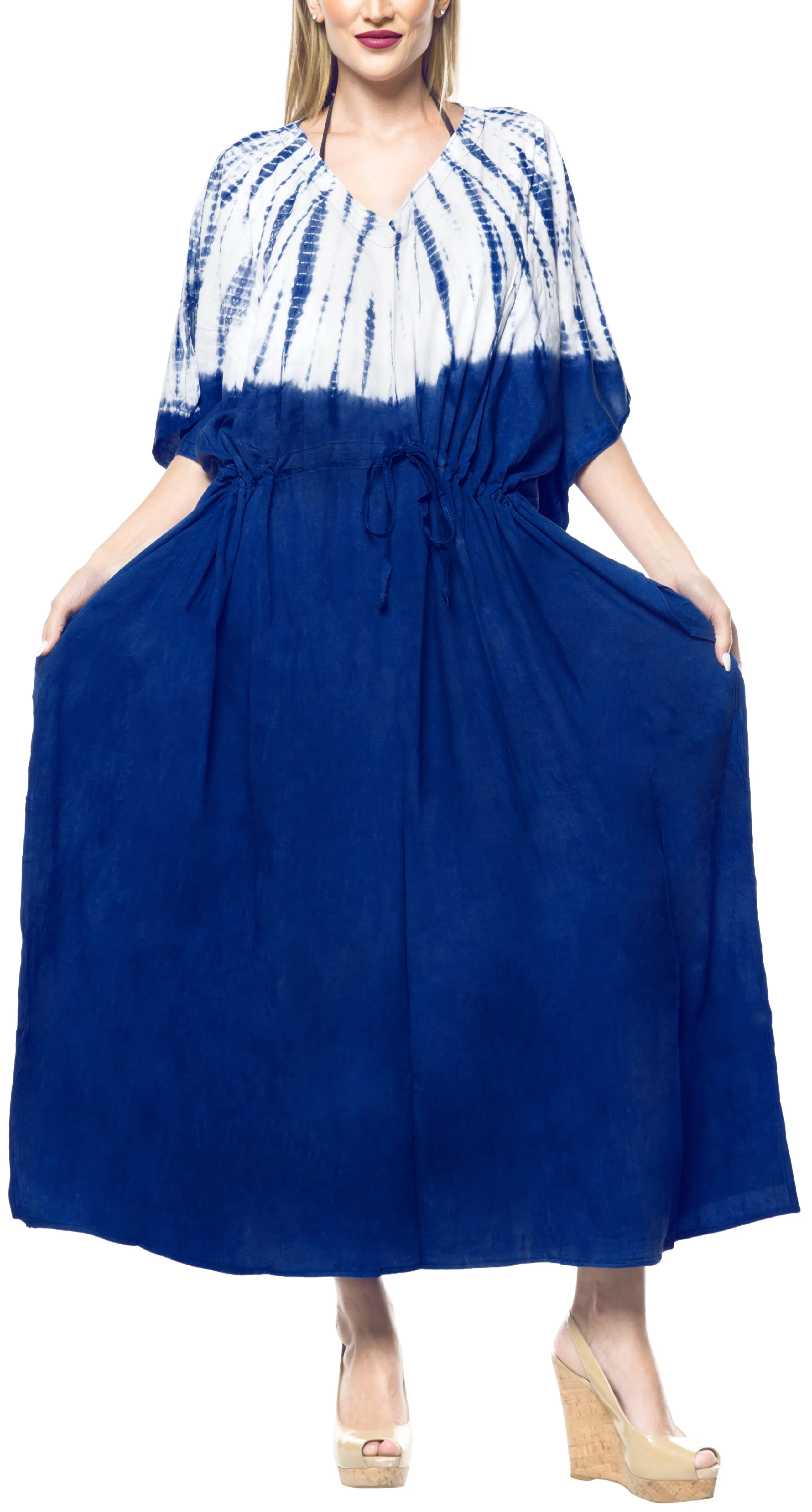LA LEELA Lounge Rayon Tie_Dye Long Caftan Dress Girl Royal Blue_1401 OSFM 14-32W [L-5X]