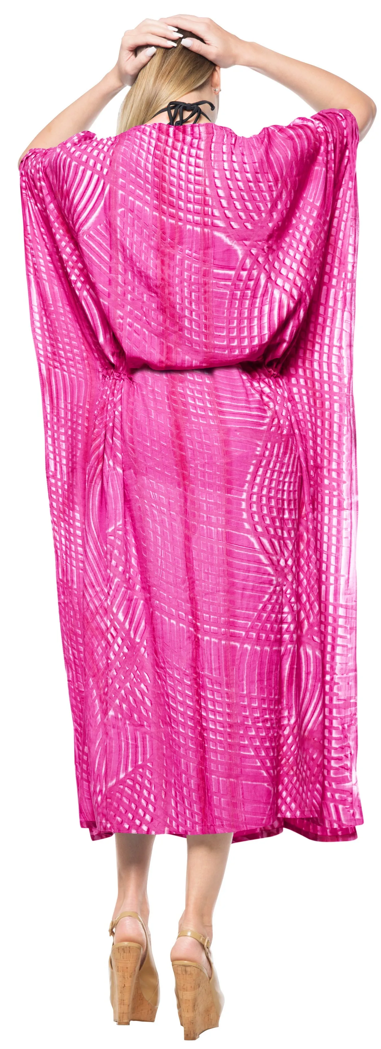LA LEELA Rayon Tie_Dye Caftan Beach Dress Loose Gown Women Pink_1372 OSFM 14-32W
