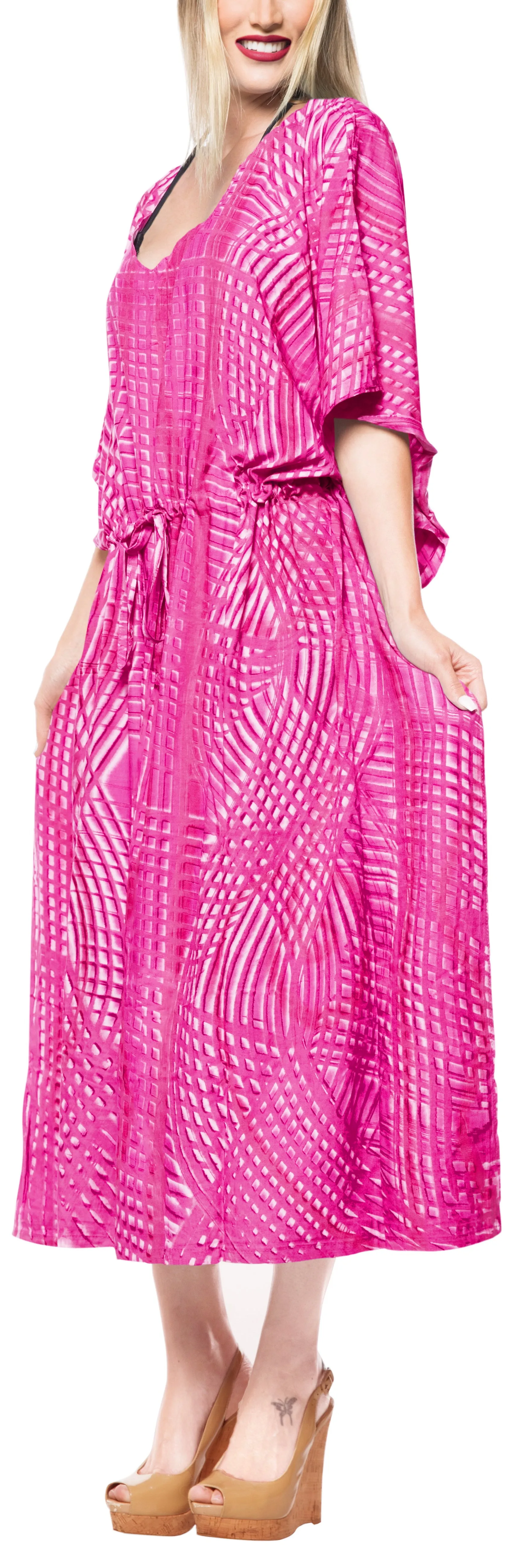LA LEELA Rayon Tie_Dye Caftan Beach Dress Loose Gown Women Pink_1372 OSFM 14-32W