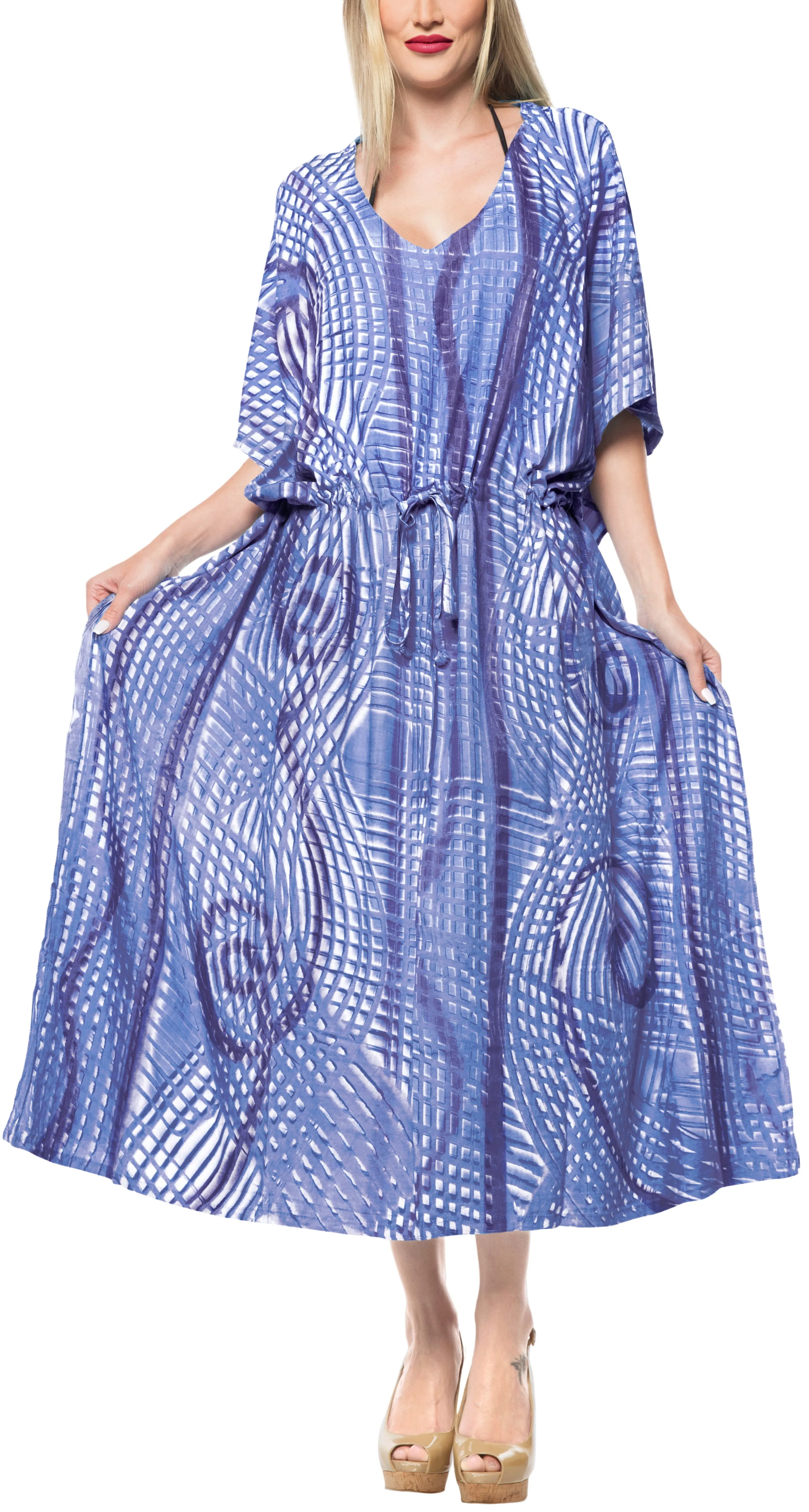LA LEELA Rayon Tie_Dye Caftan Beach Dress Women Blue_1379 OSFM 14-32W
