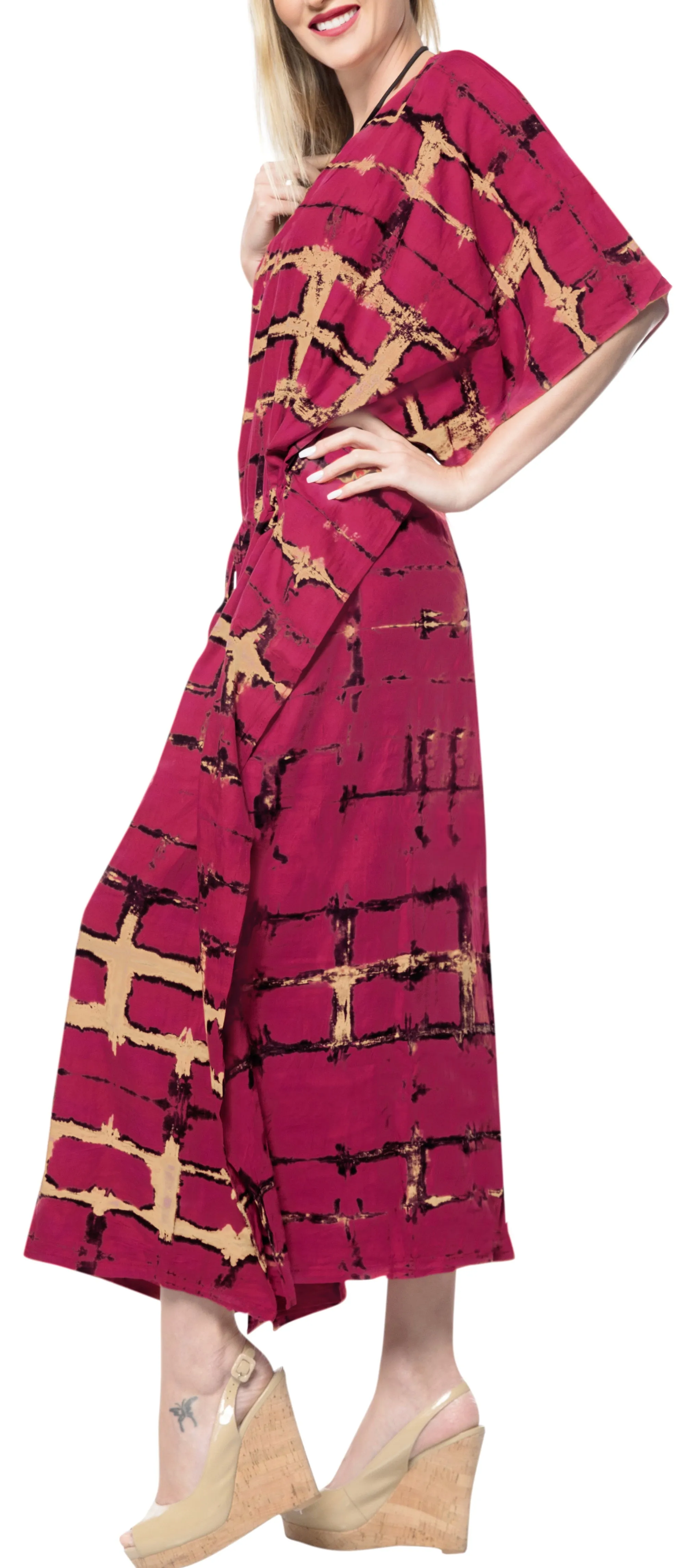 LA LEELA Rayon Tie_Dye Caftan Hawaiian Beach Dress Red_1390 OSFM 14-32W