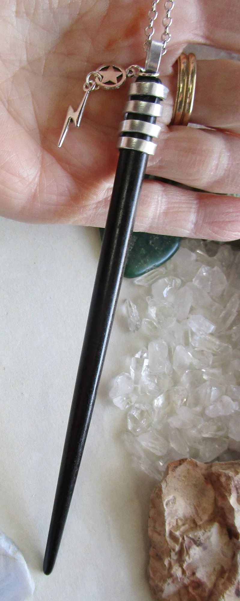 Natural Black Carved Horn Lightning Star Wand Pendant Necklace