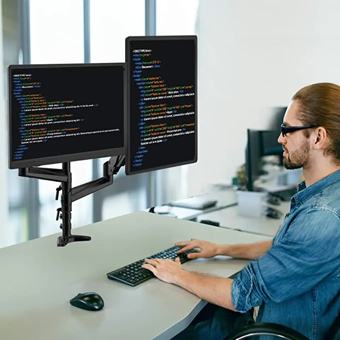 NEW HUANUO Dual Monitor Mount Stand - Aluminum Gas Spring Arm Height Adjustable Monitor Desk Mount VESA Bracket for Two 17 to 32 Inch Flat / Curved LCD Computer Screens with C Clamp, Grommet Base! RETAILS $86 
