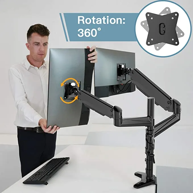 NEW HUANUO Dual Monitor Mount Stand - Aluminum Gas Spring Arm Height Adjustable Monitor Desk Mount VESA Bracket for Two 17 to 32 Inch Flat / Curved LCD Computer Screens with C Clamp, Grommet Base! RETAILS $86 