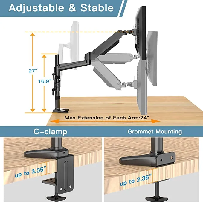 NEW HUANUO Dual Monitor Mount Stand - Aluminum Gas Spring Arm Height Adjustable Monitor Desk Mount VESA Bracket for Two 17 to 32 Inch Flat / Curved LCD Computer Screens with C Clamp, Grommet Base! RETAILS $86 
