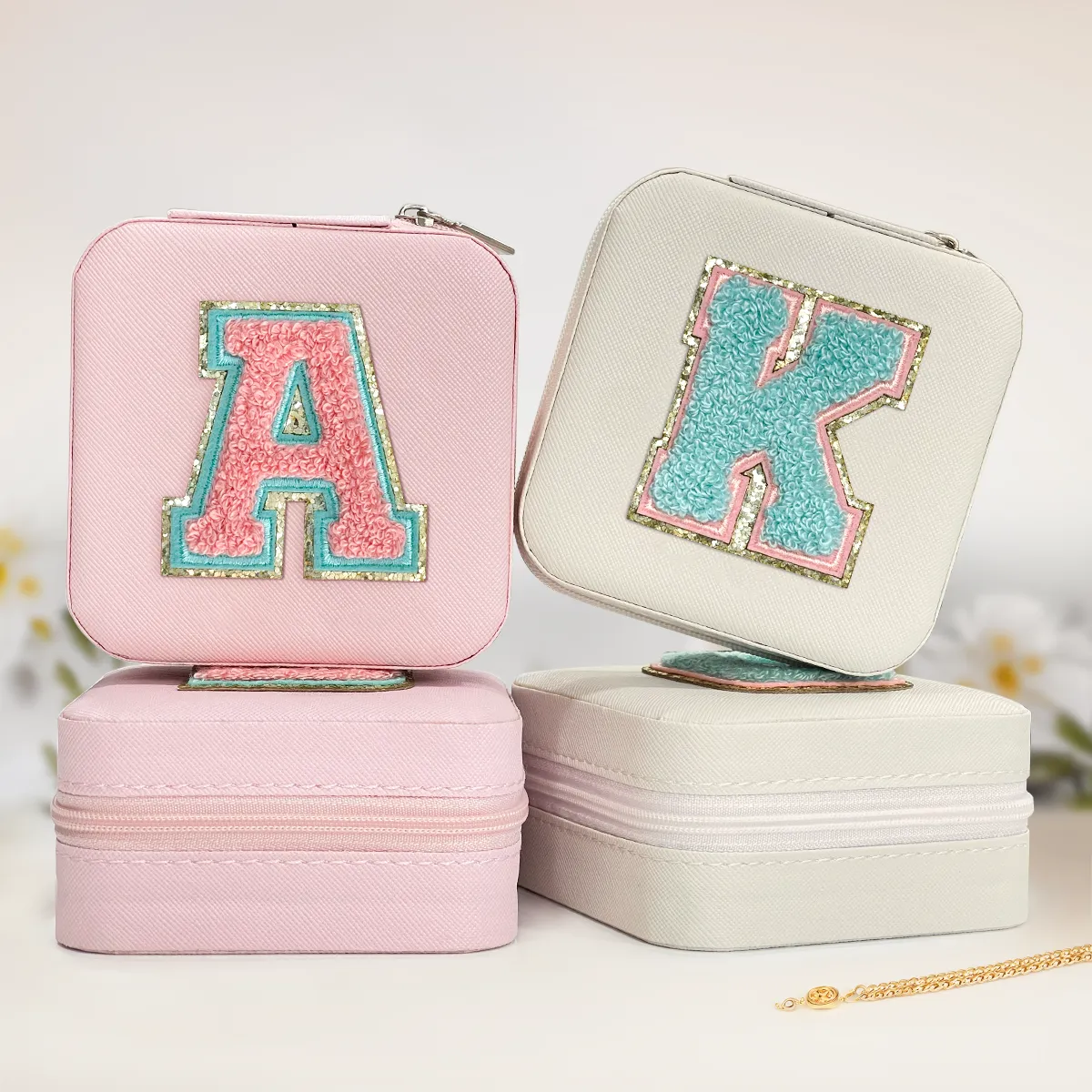 Personalized Jewelry Box, Pink Travel Jewelry Box with Initial A, Small Monogrammed Jewelry Case Organizer for Girls Women Teen Kids, Mini Travel Essentials Gifts for Birthday Christmas