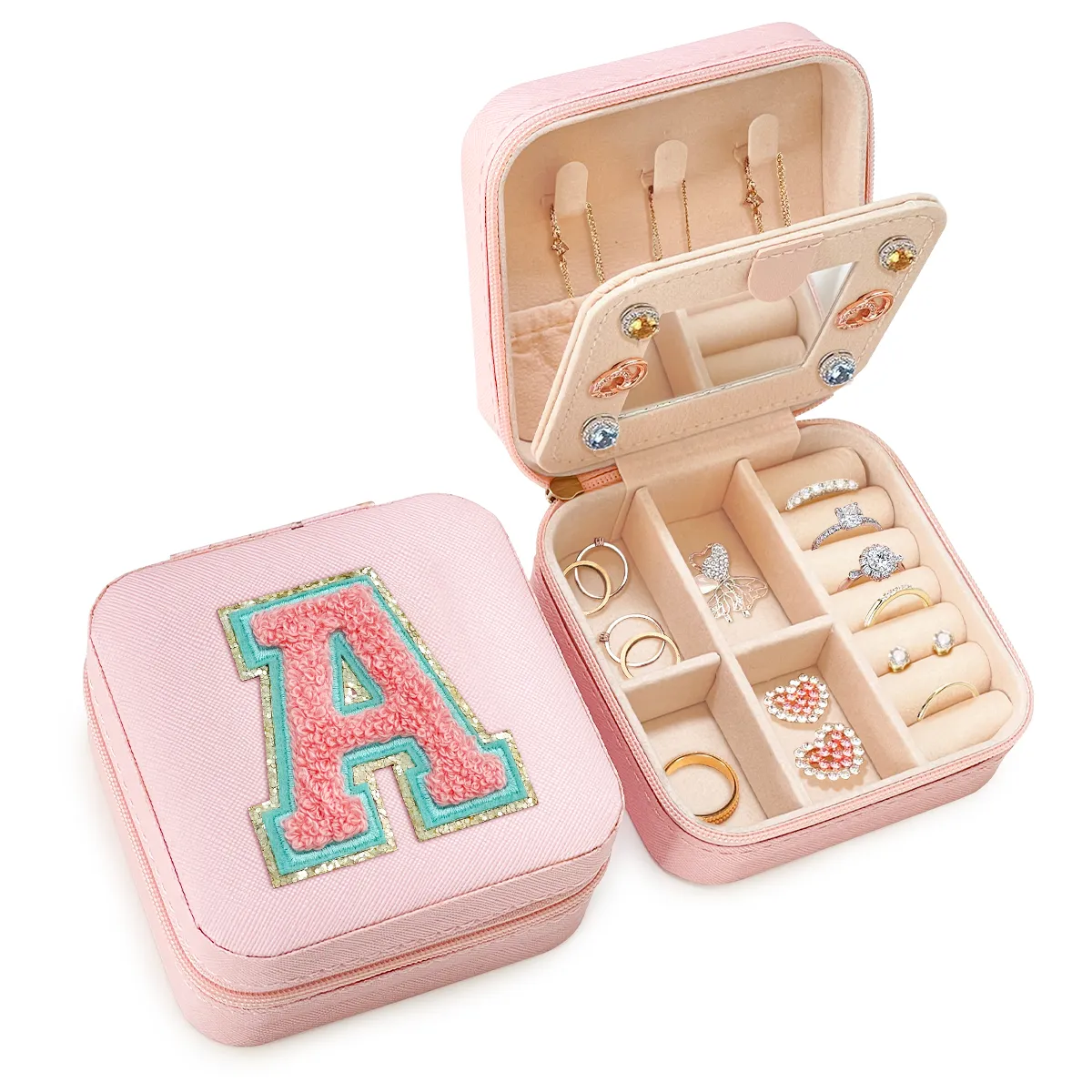 Personalized Jewelry Box, Pink Travel Jewelry Box with Initial A, Small Monogrammed Jewelry Case Organizer for Girls Women Teen Kids, Mini Travel Essentials Gifts for Birthday Christmas