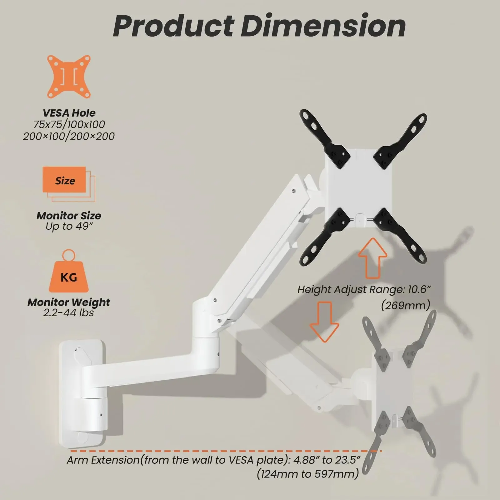 PUTORSEN 17-49 inch Premium Ultrawide Monitor Wall Mount, Heavy Duty Single Wall Mount Monitor Arm up to 44lbs