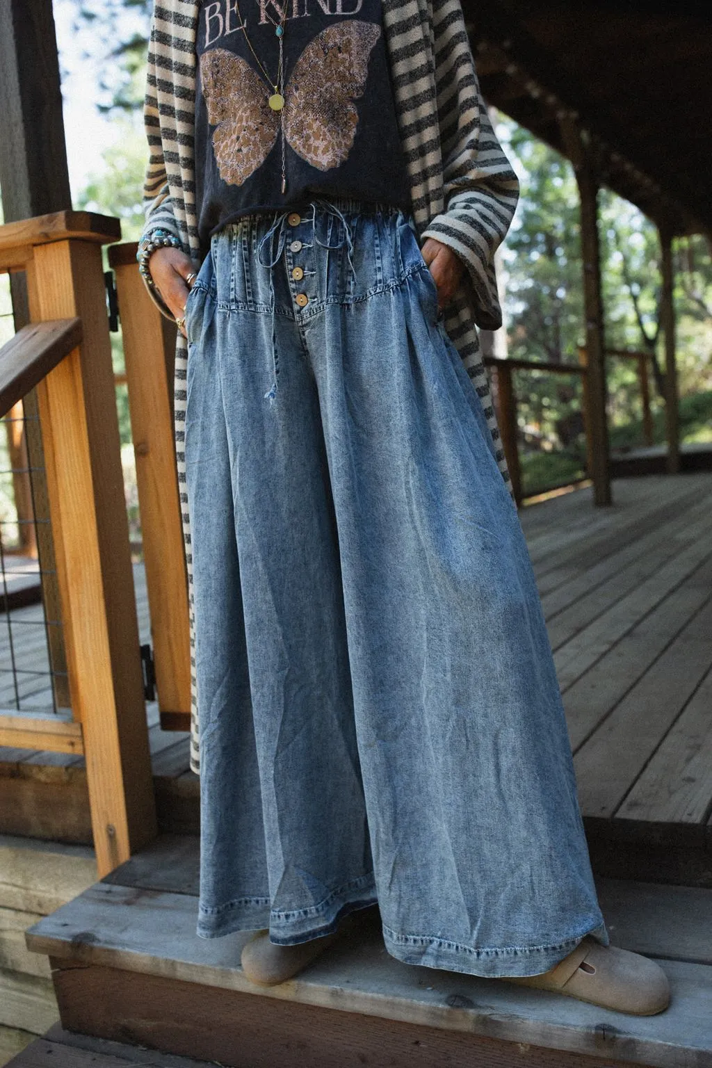 Retro Groove Wide Leg Pants - Denim
