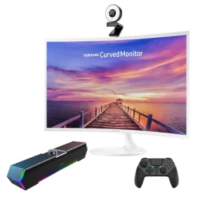 SAMSUNG 32" Curved Monitor   Papalook 2K/1080P Webcam   LENRUE G11 Computer Speakers   Elite Pro Q300 Wireless Controller