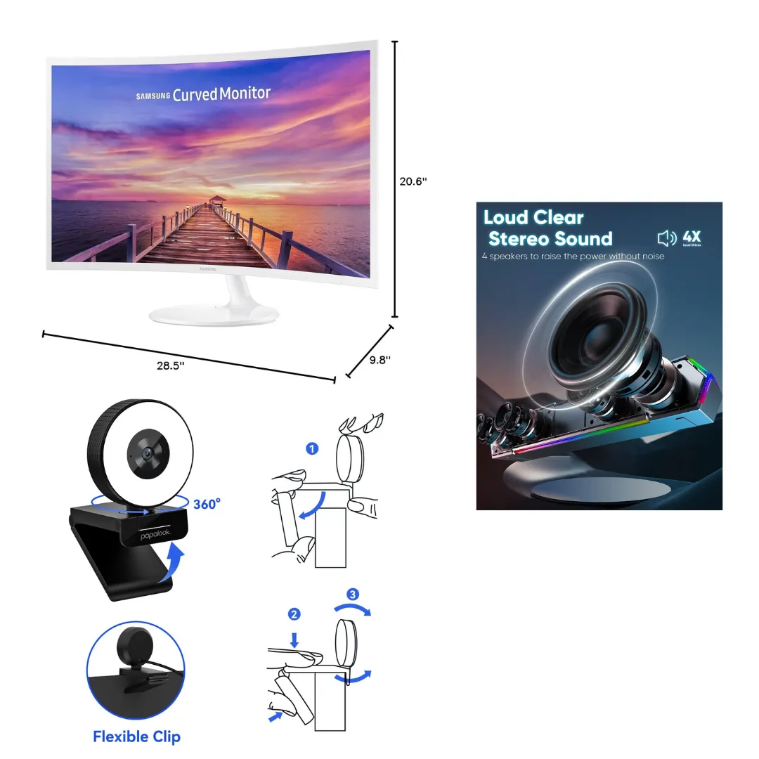 SAMSUNG 32" Curved Monitor   Papalook 2K/1080P Webcam   LENRUE G11 Computer Speakers   Elite Pro Q300 Wireless Controller