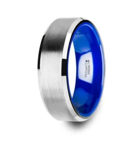SIRIUS Flat Beveled-Edged Tungsten Ring Brushed and Vibrant Blue Ceramic Inside