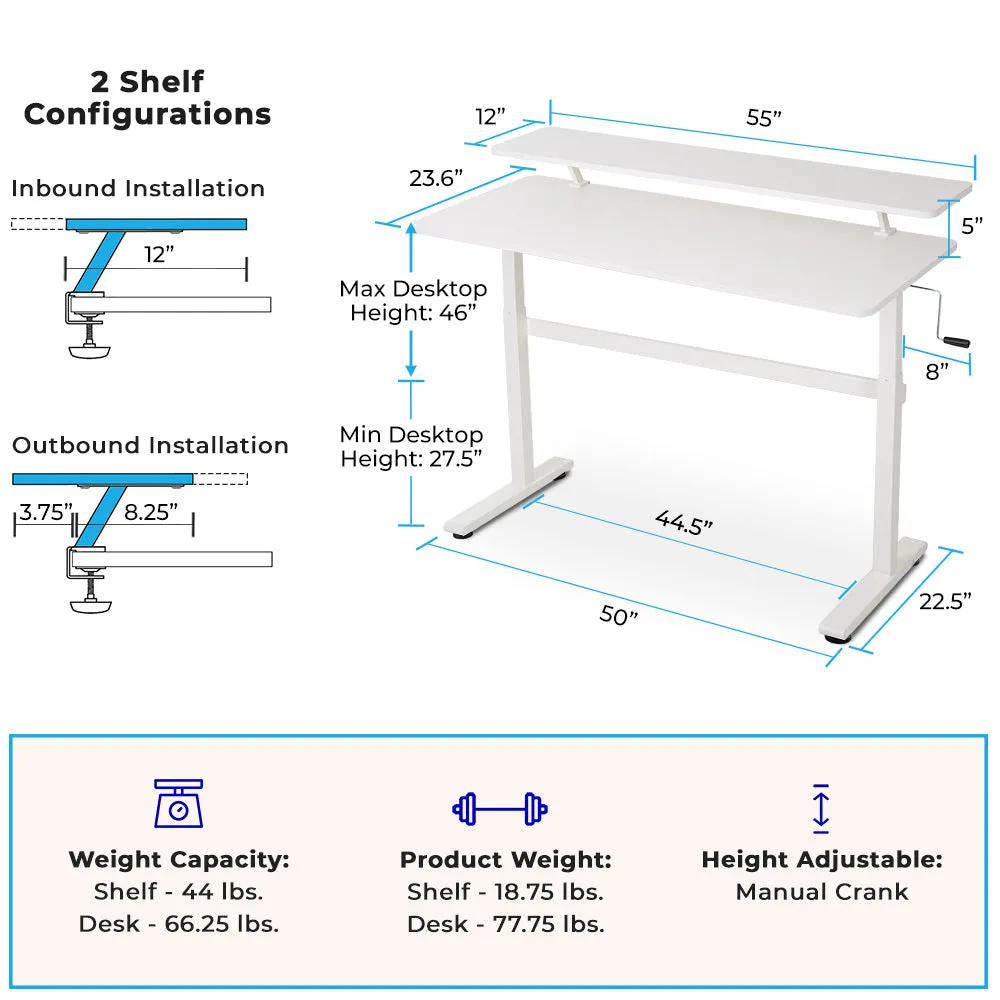 Tranzendesk 55" Side Crank Standing Desk - White