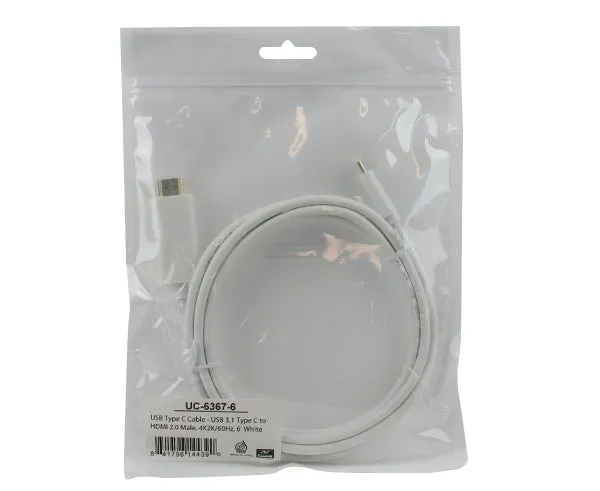 USB 3.1 Type C Male to HDMI 2.0 Male Cable, White, 6FT, 10FT, 4K x 2K at 60Hz