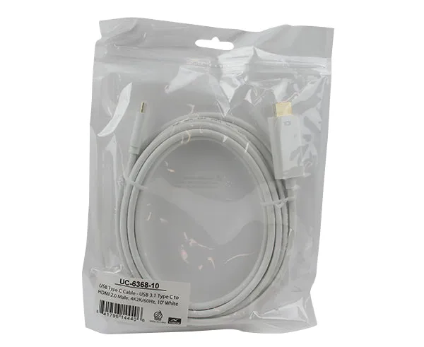 USB 3.1 Type C Male to HDMI 2.0 Male Cable, White, 6FT, 10FT, 4K x 2K at 60Hz