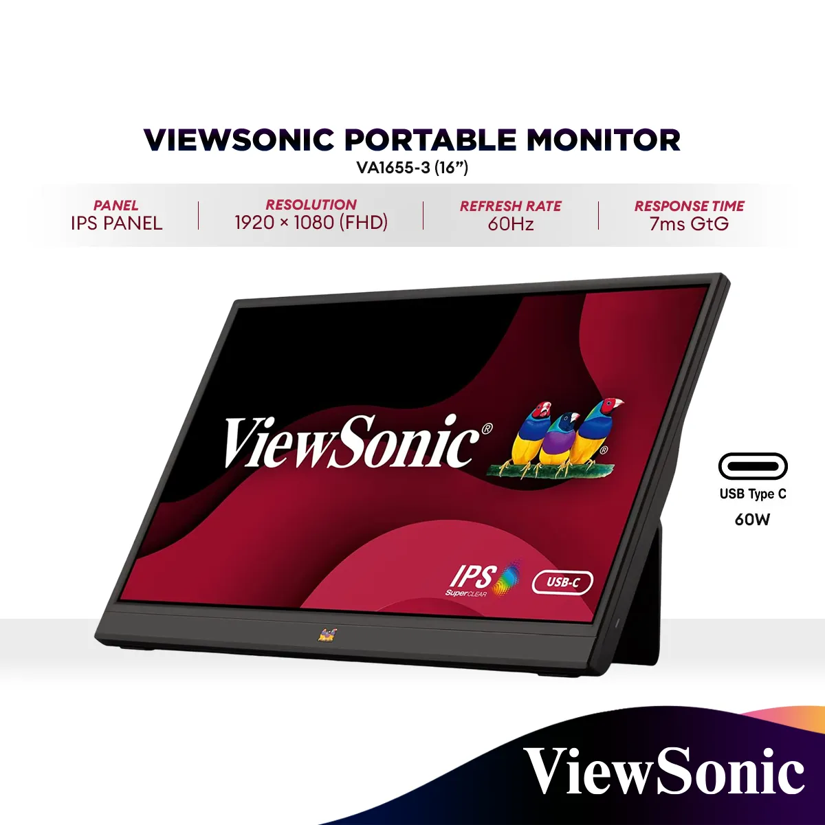 ViewSonic VA1655-3 16" FHD Lightweight Portable Monitor | IPS | 60W USB-C