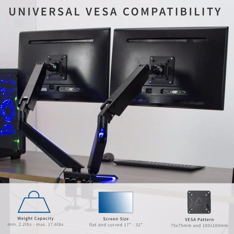 VIVO Premium Gaming Blue LED Pneumatic Dual Monitor Arm STAND-GM2BB
