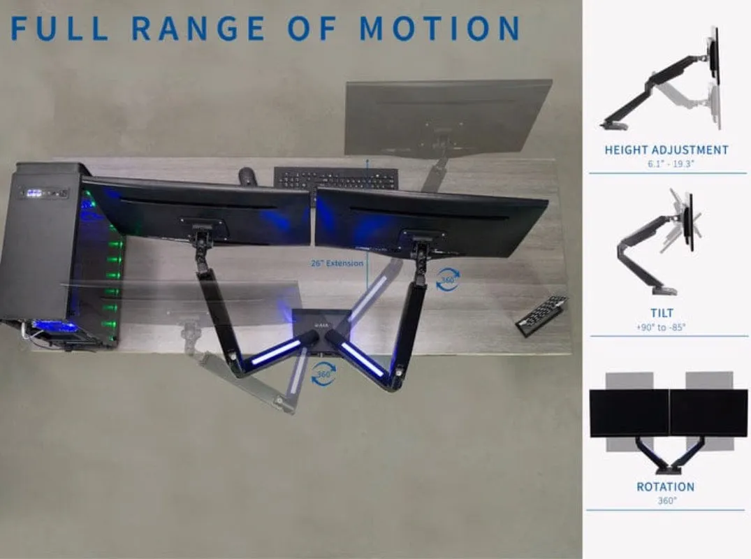 VIVO Premium Gaming Blue LED Pneumatic Dual Monitor Arm STAND-GM2BB